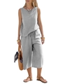 Detail of grey striped cotton two-piece set featuring sleeveless top and cropped wide pants - Black Stripe