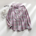 Plaid hooded shirt with purple and blue checkered patterns and button-down front - Purple