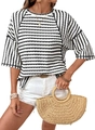 Detailed texture of women's striped crew neck T-shirt with subtle ripple fabric texture - S / Black