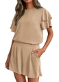 Detailed view of women's two-piece set with ruffled sleeves and high waist side pockets - Apricot