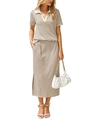 Close-up of the striped POLO collar top and elastic waist skirt with side slit detail - Khaki