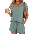Women's two-piece sage green lounge set with V-neck short sleeve top and drawstring shorts - S / Lake Green