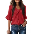 Blusa casual roja con cuello en V, volantes en capas y mangas 3/4 tipo linterna - S / Rojo