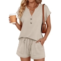 Women's V-neck short sleeve top and drawstring shorts casual two-piece lounge set - S / Khaki