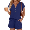 Women's dark blue V-neck short sleeve two-piece set with drawstring shorts in soft fabric - S / Dark Blue