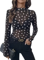 Close-up detail of sheer black mesh fabric with classic white polka dot pattern on long sleeve top - S / Black