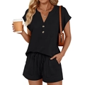Damen Sommer-Zweiteiler mit V-Ausschnitt Top und Kordelzug-Shorts in klassischem Schwarz - S / Schwarz