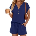Zweiteiliges Damen-Sommerset in Marineblau mit V-Ausschnitt, Kurzarmshirt und Tunnelzug-Shorts - S / Dunkelblau
