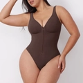 Dunkelbrauner, nahtloser Shapewear-Body für Damen mit Frontreißverschluss und Trägern - L / Braun