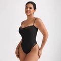 Sexy black lace bodysuit for women featuring thin straps and bodycon shaping fit - S / Black