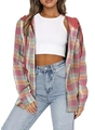 Detail of pink plaid hooded shirt jacket over a white ribbed crop top and blue jeans - Red