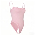 Pink ribbed bodysuit with lace trim and adjustable spaghetti straps for women - S / Pink