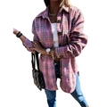 Oversized geruit damesoverhemdjack in roze met gouden knopen voor de herfst - S / Roze-paars Geruit