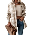 Dames oversized geruit flanellen overhemd jack in beige en bruin met grote zakken - S / Beige geruit