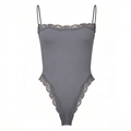 Grey lace-trimmed bodysuit with thin straps and snap button closure in a slim fit - S / Gray