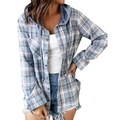 Women's casual blue plaid hooded flannel shacket with buttons and adjustable drawstring - S / Blue