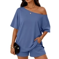 Dames tweedelige zomerset met off-shoulder top en bijpassende short in grijsblauw - S / Blauw