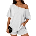 Dames vrijetijdsset 2-delig met off-shoulder top en shorts in lichtgrijze wafelgebreide stof - S / Lichtgrijs