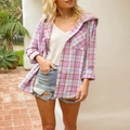 Detail of pink and blue plaid hooded shirt with front pocket and button closure - S / Purple