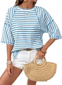 Short sleeve summer T-shirt featuring blue and white horizontal stripes and ribbed texture - S / Sky Blue