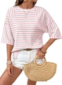 Pink and white striped seersucker t-shirt with crew neck and short sleeves for summer - S / Pink