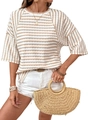 Minimalist beige and white striped knit t-shirt for women with casual drop shoulder fit - S / Apricot