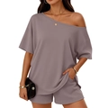 Women's 2-piece lounge set with off-shoulder t-shirt and shorts in mauve purple - Khaki