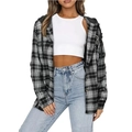 Women's casual hooded plaid shirt jacket with black hood and button-down front design - S / Black