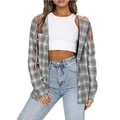Women's casual plaid hooded shirt jacket with pink drawstrings and grey patterns - Gray