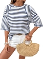 Women's blue and white striped short sleeve T-shirt with textured knit fabric - Navy Blue