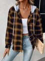 Detail view of brown plaid hooded shirt jacket with grey knit hood and drawstring - S / Brown