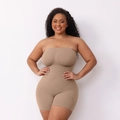 Seamless khaki shapewear bodysuit with strapless design and mid-thigh length for women - S / Skin (Removable Straps Boyshorts)