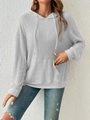 Detail of light grey ribbed knit hoodie featuring drawstring hood and kangaroo pocket - S / Gray