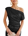 Detail of shimmering black sequins on a one-shoulder women's top for party wear - Black