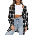 Camicia di flanella a scacchi bianchi e neri da donna con maniche lunghe e bottoni - S / Nero