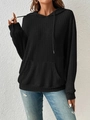 Detail of black ribbed knit hoodie featuring drop shoulders and a front kangaroo pocket - S / Black