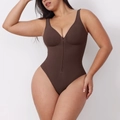 Brown seamless bodysuit with front zipper and V-neck design for body shaping - S / Brown (Zipper Style)