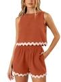 Detailed view of caramel two-piece linen set with wavy lace trim and elastic waist - S / Top And Bottom / Orange Red