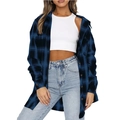 Chemise en flanelle à carreaux bleu et noir pour femmes avec manches longues et col boutonné - Bleu
