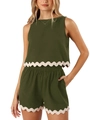 Detailed view of women's olive green summer set featuring white scalloped lace trim - S / Top And Bottom / Army Green