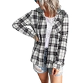 Women's black and white plaid hooded shirt with long sleeves and buttons - Black