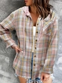 Women's plaid hooded shirt jacket with pink drawstrings and button-down front pockets - Pink