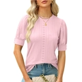 Women's light pink hollow knit short sleeve top with buttoned puff sleeves - S / Pink