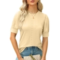 Beige pointelle knit short sleeve top with puffed sleeves and classic crew neck - S / Yellow