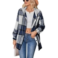 Damen Kapuzenjacke mit blau-weißem Karomuster, Flanellstoff und grauer Kordelzug-Kapuze - S / Dunkelblau