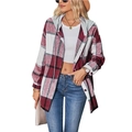 Damen Kapuzenhemdjacke mit rot-weißem Karomuster und grauer Kapuze für Herbst - S / Burgunderrot