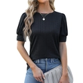 Women's black eyelet hollow short sleeve top with button trim and puff sleeves - S / Black