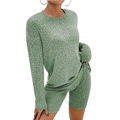 Women's ribbed knit lounge set featuring long sleeve top and shorts in grass green color - S / Top And Bottom / Green