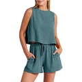 Completo estivo da donna con top senza maniche e pantaloncini con coulisse verde - S / Blu grigio
