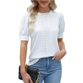 Women's white short sleeve top with eyelet embroidery and puff sleeves in casual style - S / White